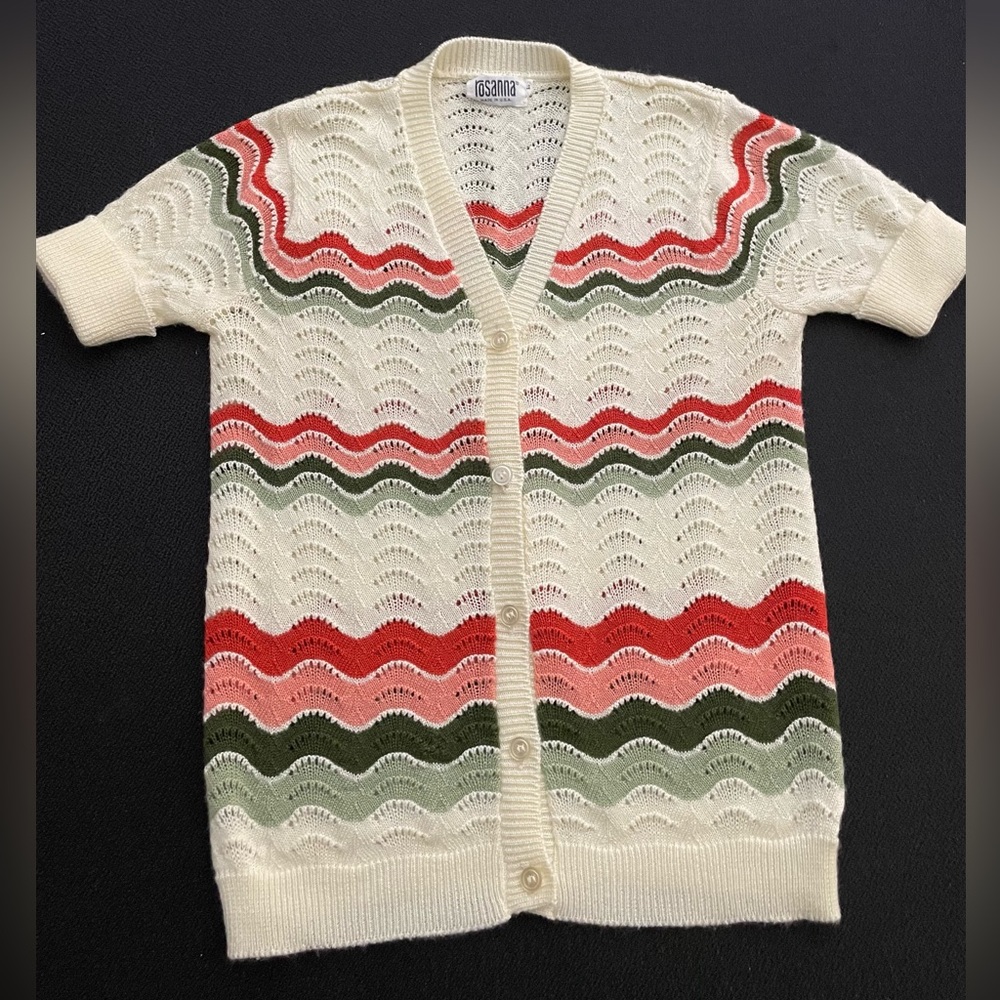 VTG Rosanna short sleeve cardigan w/ wavy pattern sz L - Picture 1 of 8